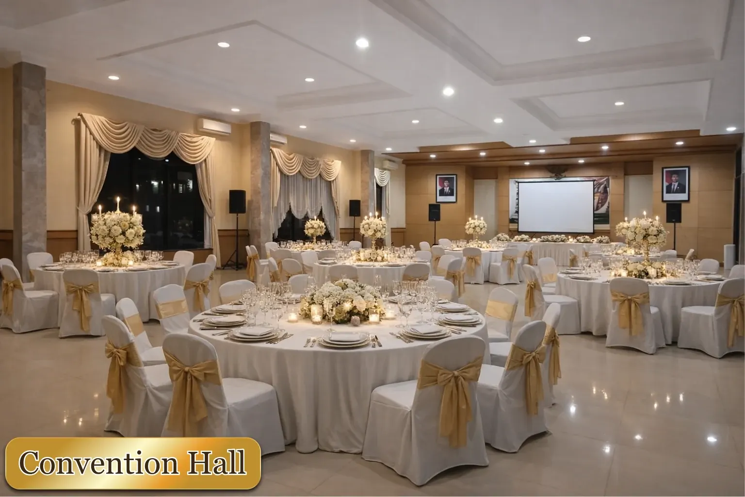 Ruang acara dengan meja bundar, kursi putih, layar dan tulisan Convention Hall.